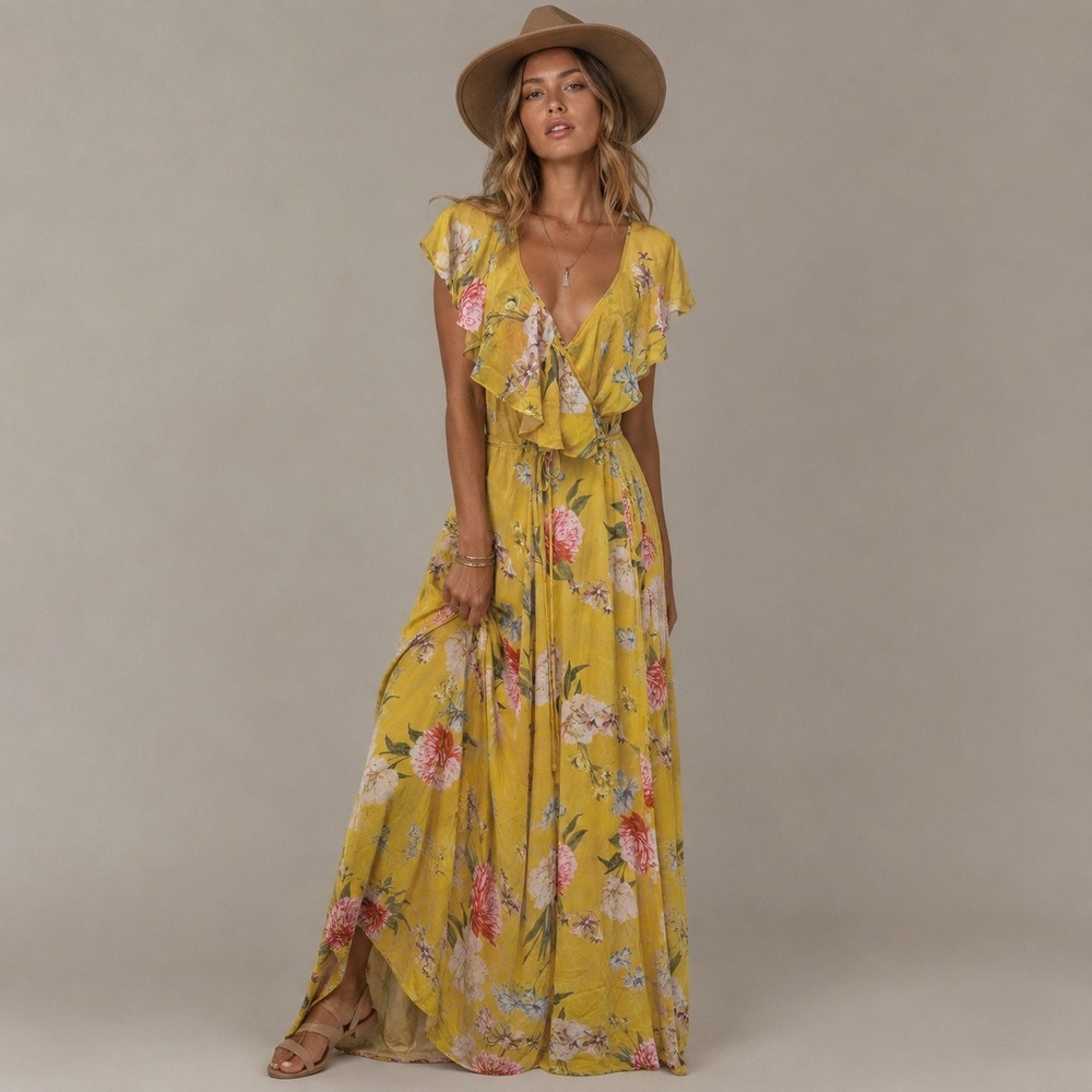 Yumi Kim Maxi Dress Small  Yellow Floral Ruffle V-Neck Open Back Boho Summer